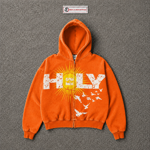 Holy Sun Bird <b>Graphic</b> Orange <b>Zip</b> <b>Up</b> <b>Hoodie</b> Oversized Vintage Streetwear Distressed Print Hooded Sweatshirt Casual Unisex Urban - Product Image 5