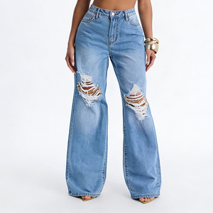 Ripped Casual Beading Distressed Oversized Denim <b>Jeans</b> Ultra-<b>Soft</b> Breathable Eco-Friendly Women Premium Quality Fabric - Product Image 1