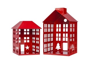 Red Metal House-Shaped Christmas Decorations with <b>Star</b> and <b>Tree</b> Cutouts Traditional Holiday Ornament - Product Image 1