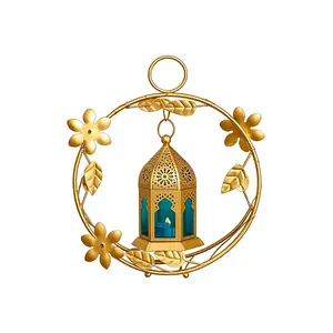Lanterne Couronne Métallique Dorée avec Porte-Bougie en Verre Bleu pour Bougie Chauffe-Plat – Décoration Maison Durable et Résistante à la Chaleur – Lumière Festive de Pâques - Product Image 1