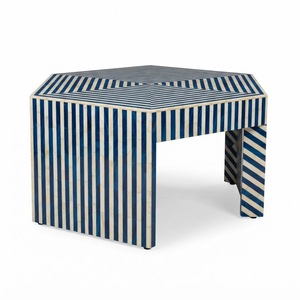 Mesa de Centro Moderna con Incrustaciones de Hueso Azul, Mesa de Café Hexagonal con Ilusión Óptica Geométrica, Mesa de Cóctel Hecha a Mano con Incrustaciones de Madera y Resina - Product Image 1