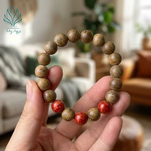 Elegante Pulsera Clásica de Madera de Agar de Vietnam, Forma Redonda ASD10.02.003, 16 Cuentas de Agar Natural, 3 Cuentas de Coral Rojo, Aroma Único, Regalo - Product Image 2