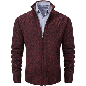 Pull tricoté décontracté pour homme, beige, à col montant, entièrement zippé, chaud, à manches longues, avec texture, style cardigan - Product Image 1