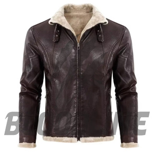 Chaqueta de Cuero Genuino Negra para Hombre, Corte Ajustado, Estilo Motero, Cierre de Cremallera, Cuello Alto, Forro de Piel Sintética, Ropa de Invierno - Product Image 5