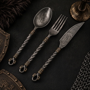 Ensemble de couverts médiévaux traditionnels faits à la main en acier, cuillère, fourchette, couteau, pour la maison, le camping et les repas en plein air - Product Image 3