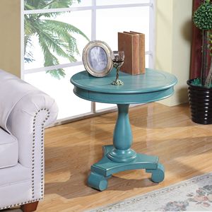 Tavolo Consolle Rotondo Rene in Legno con Piedistallo, Elegante Tavolino Laterale in Teal - Product Image 1
