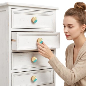 Modern Round Wood Cabinet <b>Knob</b> with Brass and Teal Accents Scandinavian Style for Kitchen and Home Office Drawer <b>Door</b> Handle - Product Image 2