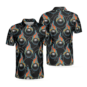 Camisa Deportiva de Poliéster de Manga Corta para Hombre, Diseño de Llama de Bola de Boliche con Estampado Completo, Cuello Camisero, Transpirable, Corte Regular - Product Image 1