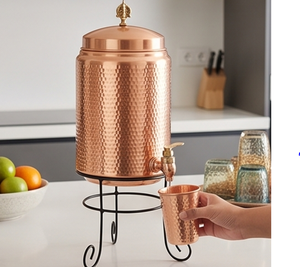 Fontaine à eau artisanale en cuivre avec finition martelée et couvercle, distributeur de boissons en métal de style vintage pour la cuisine - Product Image 3