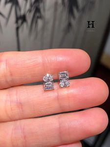 <b>Emerald</b> and Oval Cut Lab Grown Diamond Two Stone <b>Stud</b> Earrings 14K White Gold Stacked Multi Cut Earrings - Product Image 2