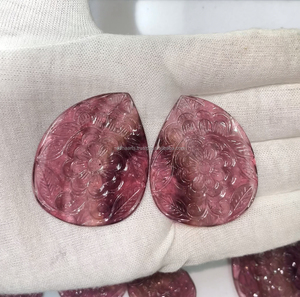 Natural <b>Pink</b> Tourmaline Stone Carved Pairs Gemstone 925 Sterling Silver Gold Vermeil Bezel Carving Leaf Pendants Charms - Product Image 3