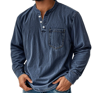 Chemise Henley pour homme à col montant, délavée à l'acide, avec poche, manches longues, style décontracté et tendance, très vendue et de haute qualité - Product Image 1
