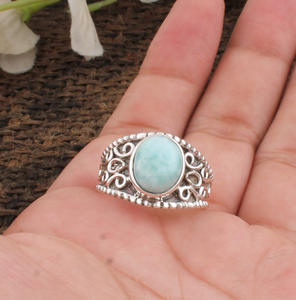 Bague de mariage en larimar naturel sertie clos, en argent sterling 925, bijou classique pour femme, provenant de la République dominicaine - Product Image 6