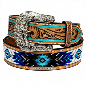 Ceinture en cuir classique western authentique, ornée de fleurs perlées et gravées à la main, pour hommes et femmes, couleur personnalisable, avec boucle en alliage de zinc bleue cousue - Product Image 1