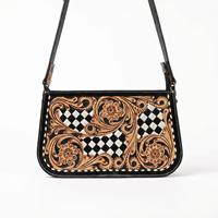 Nouveau sac à main bohème vintage pour femme, à une seule bandoulière, en cuir véritable 100 %, avec motifs à carreaux et fleurs gravés à la main
