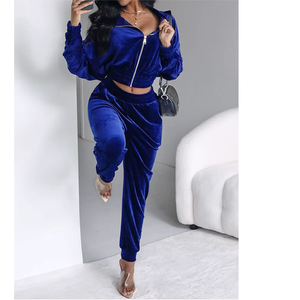 Custom <b>Women</b> Velour Zip up Cropped Hoodie Wide Leg Pants Tracksuit Two Piece <b>Set</b> Y2K Loungewear OEM ODM Manufacturer - Product Image 5