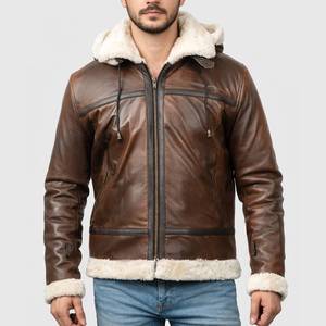 Chaqueta de Cuero Tipo Bomber B-3 con Capucha para Hombre Theodore, Color Marrón, con Forro de Piel Sintética - Chaqueta de Cuero Marrón con Capucha - Product Image 1