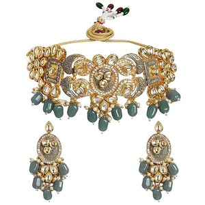 Collier choker classique indien pour femme, idéal pour mariage, fiançailles, anniversaire, fête, vert, traditionnel, en moissanite, kundan, fausses perles, laiton doré - Product Image 1
