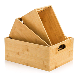 3 Pack Bamboo Storage Bin <b>Box</b> Classic Natural Organizer <b>Stackable</b> Cubby Basket Container Handle Display Book Toy <b>Tools</b> Household - Product Image 3