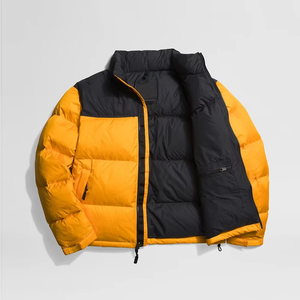 Men's Quilted Winter Jacket Yellow <b>Black</b> Color Block Full Sleeve Stand Collar Zipper Closure Thick Warm Outerwear - Product Image 1