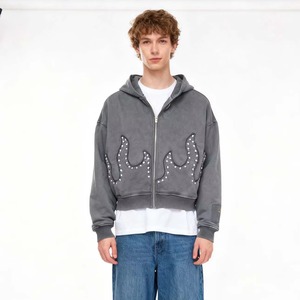 Custom 400 Gsm Men's Solid Lined Distressed Hoodie Full Rhinestone Embroidered Acid Wash Oversized Pullover Boxy Fit DTG - Product Image 4
