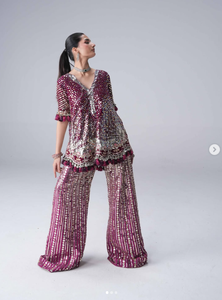 Elegant <b>Maroon</b> Glitter Print Silk Satin Salwar Kameez Women Traditional Wedding Wear India Pakistan Regular Fit Crop Reversible - Product Image 3