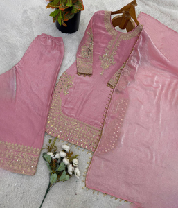 Traje Palazzo de Diseñador con Bordado Indio, Conjunto Tradicional Étnico de 3 Piezas, Seda, para Invierno y Verano, Bodas, Diwali y Todas las Festividades - Product Image 1