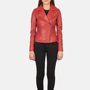 <b>Women's</b> Red Genuine <b>Leather</b> Moto Biker <b>Jacket</b> Full Sleeve Zipper Closure Stand Collar Solid Autumn Outerwear Regular Fit - Product Image 3