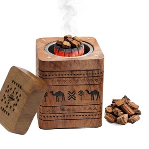 Boîte à encens carrée en bois avec incrustation métallique sculptée en forme de palmier et couvercle supérieur perforé à motif floral pour l'aromathérapie - Product Image 3