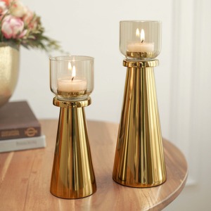 Gold Noir Glow Candlestick Holder Set With Glass <b>Cup</b> Heat Resistant Home Decoration 31cm And 25.5cm - Product Image 3