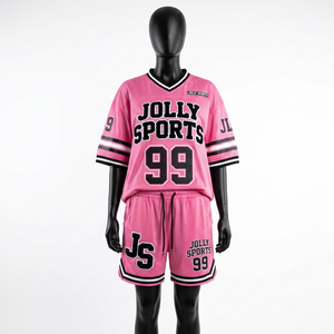 Conjunto de camiseta y pantalones cortos de fútbol de malla de poliéster premium de 200 GSM, con rayas rosas y negras, logotipo personalizado, conjuntos para mujer - Product Image 3