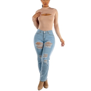 Directo Bangladesh, pantalón vaquero de alta calidad para mujer, botón informal, cintura alta, diseño rasgado, talla grande, bolsillo de carga para mujer de verano - Product Image 3