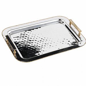 Luxury Arabic Style Stainless Steel Serving Tray with <b>Gold</b> Handles <b>Rectangular</b> Hammered <b>Mirror</b> Polish Buffet Platter for Hotel - Product Image 1