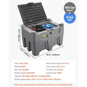 Serbatoio Portatile da 106 Galloni per Diesel e 8 Galloni per DEF, Pompa di Trasferimento Carburante a Prova di Perdite con Tubo da 13 Piedi per Uso Domestico o Esterno - Product Image 6