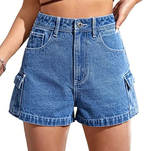 Shorts en jean bleu pour femmes, taille haute, style Bermuda, en denim vintage de coton, design personnalisé - Product Image 6