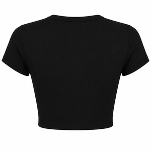 เสื้อครอปท็อปผู้หญิงสีดำ แขนสั้น คอกลม ทรงเข้ารูป สไตล์ลำลอง ผ้าเจอร์ซีย์ถัก ทอสีพื้น สีเดียว เป็นมิตรกับสิ่งแวดล้อม พร้อมโลโก้ 100% - Product Image 1