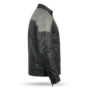 Chaqueta de Cuero Genuino para Hombre en Negro, Verde y Gris con Bloques de Color, Rayas Verticales, Cuello Alto, Cierre de Cremallera y Bolsillo en el Pecho, Estilo Biker - Product Image 3