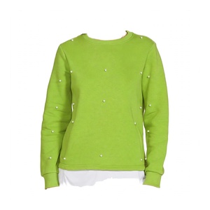 Sweat-shirt vert à col rond, pull perlé décontracté à manches longues pour femme, haut tendance en polaire pour l'automne - Product Image 1