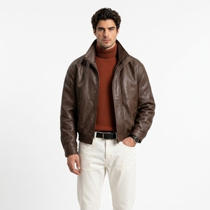 Chaqueta de cuero genuino marrón vintage para hombre, premium y suave, con cuello alto y cierre de cremallera, estilo motero, hecha en Pakistán. - Product Image 3