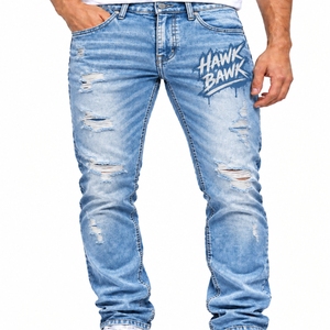Jean en denim délavé pour homme, style streetwear, coupe droite, en coton, délavage moyen, mode printemps, confort et extensibilité - Product Image 1