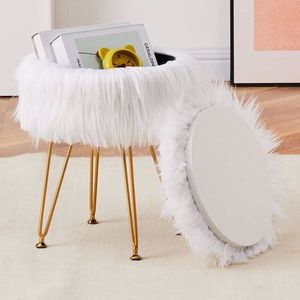 Round Furry Vanity Stool with Marble Tray Compact Soft Makeup Seat Faux Fur Storage Ottoman 4 Metal Legs - Product Image 1