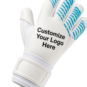 Gants de gardien de but de football personnalisables blancs avec grip bleu en cuir PU, doigts entiers, sangle de poignet réglable - Product Image 3
