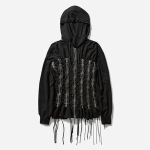 Sudadera gótica con capucha, cordones en la parte delantera y detalles de flecos, corte holgado, unisex, de algodón negro tejido, estilo otoñal. - Product Image 1