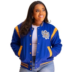 เสื้อแจ็คเก็ตวูลสไตล์วาร์ซิตี้ย้อนยุค Sigma Gamma Rho สำหรับผู้หญิง สีน้ำเงิน-ทอง ติดกระดุมแบบ Snap ทรงบอมเบอร์ สไตล์ลำลองแนวสตรีทแวร์สำหรับชมรมนักศึกษากรีก - Product Image 1