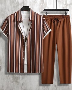 Men's Solid Color Two-Piece Set Short Sleeve Shirt Long <b>Pants</b> Knitted Breathable Summer Casual Wear Turn-<b>down</b> Collar - Product Image 5