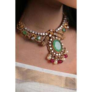 Ensemble de colliers choker ovales, ensemble de colliers de mariage sud-indiens, bijoux Kundan inspirés de Sabyasachi, collier cadeau de fiançailles - Product Image 3