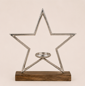 Handmade Decorative Metal Star Candle Holder On Solid Mango Wood Base Modern Silver Aluminum Star Tealight <b>Stand</b> For Rustic Home - Product Image 5