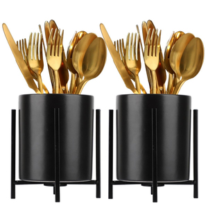 Porta cubiertos antiguo de metal dorado, forma redonda, organizador de utensilios para encimera. - Product Image 2