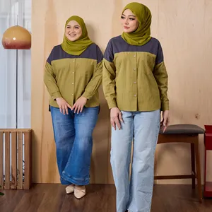 Blusa Elegante a Rayas Color Oliva, Fabricada en Malasia, Camisa Modesta de Manga Larga a Rayas para Mujer, Sin Plancha, para Uso Diario en la Oficina - Product Image 4