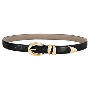 Cinturón de cuero negro para mujer con hebilla ovalada dorada – Elegante cinturón delgado para la cintura - Product Image 1